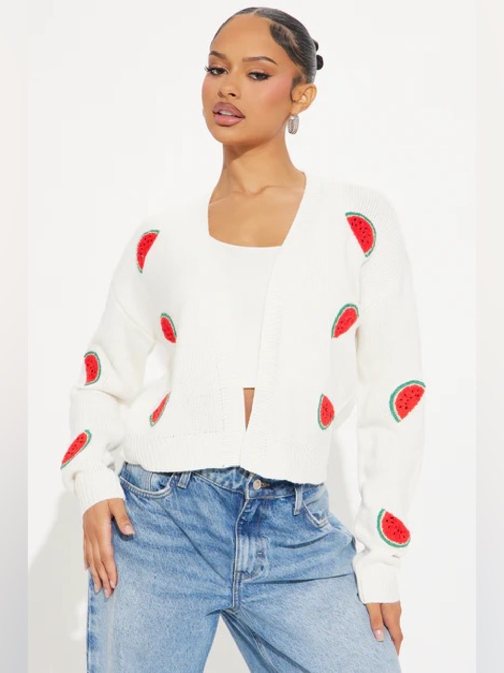 Open Front Cardigan Embroidered Watermelons